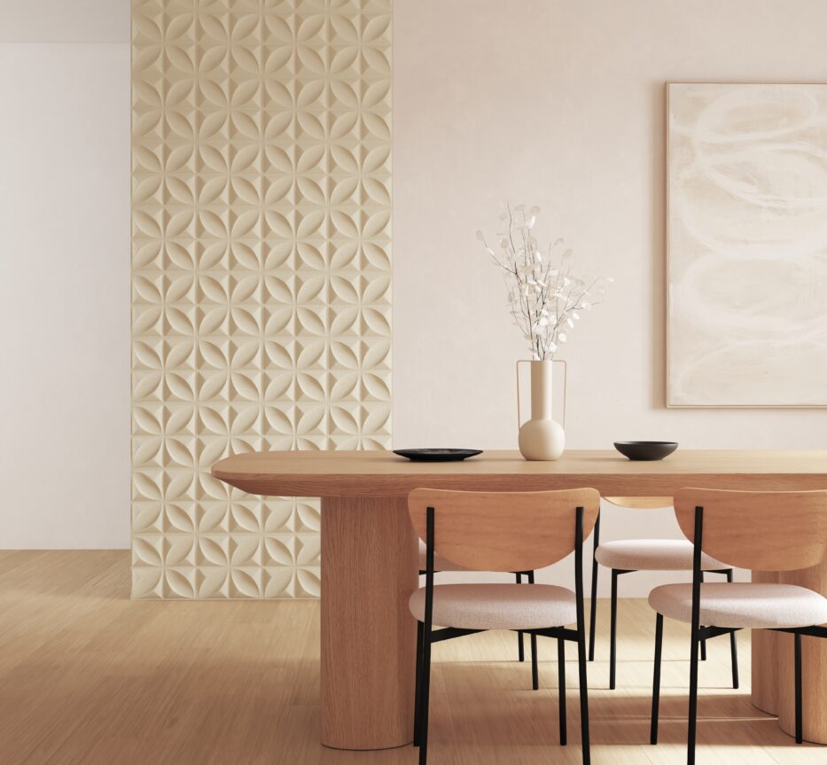 Salle à manger, tons beiges, stickers muraux texturés crème