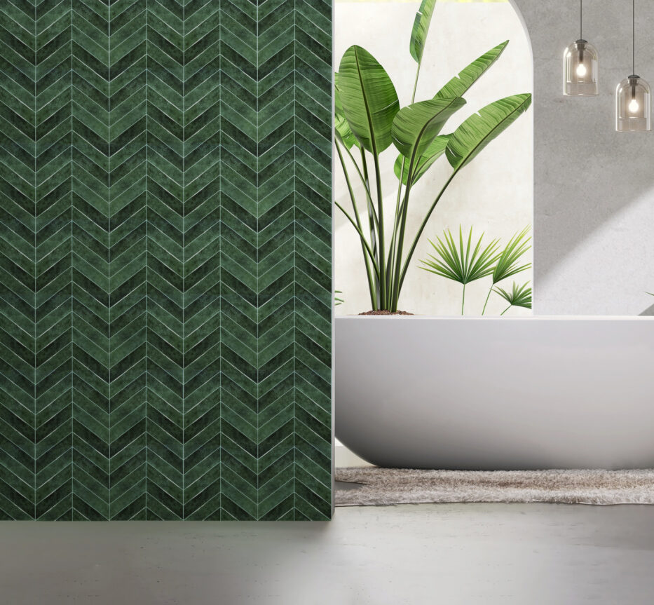 Salle de bain blanche et verte avec stickers muraux vert effet carrelage