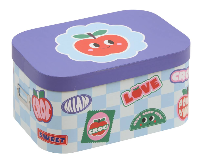boîte de rangement enfant Atmosphera x ChachaPop avec motifs fruits colorés et imprimé vichy bleu pastel