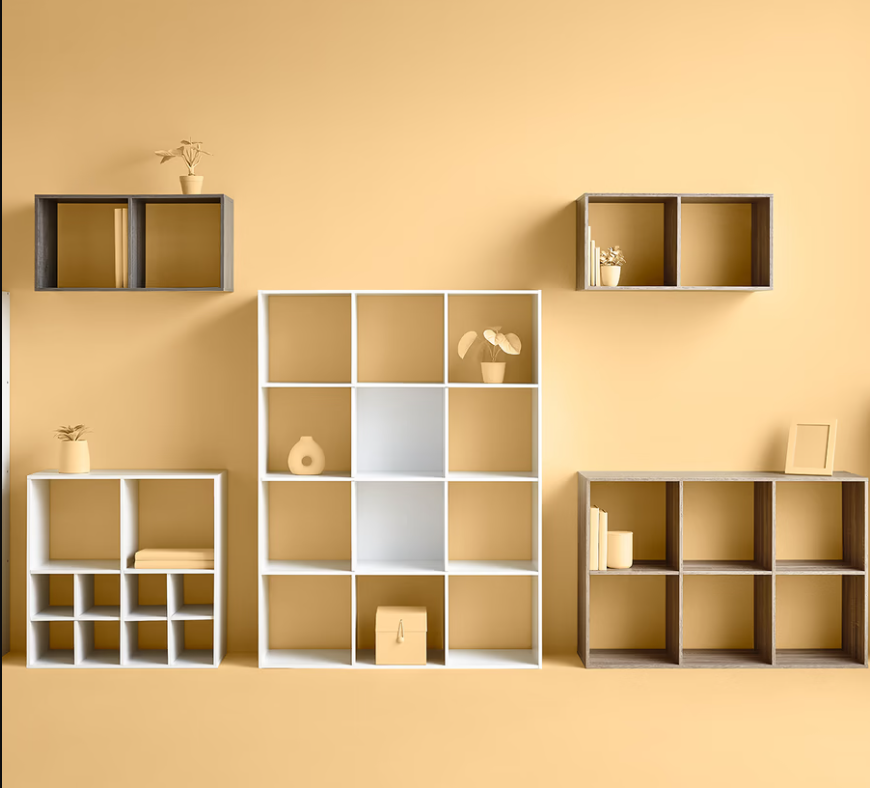 5five cubby storage furniture used to set up and structure an office corner in a living room