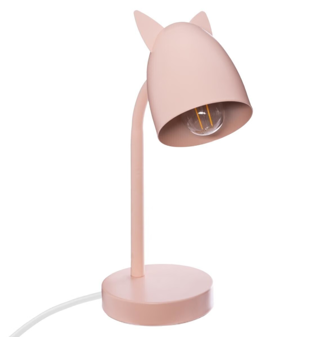 lámpara de escritorio infantil rosa con orejas de gato y pantalla orientable de metal